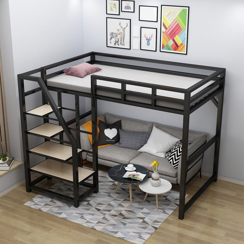 Iron High Loft Bed Contemporary Black and White Finish Bed Frame with Guardrail