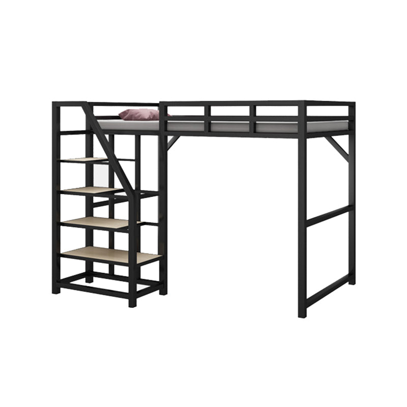 Iron High Loft Bed Contemporary Black and White Finish Bed Frame with Guardrail