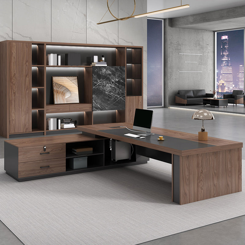 Artificial Wood Executive Desk Contemporary Brown L-Shape Computer Desk