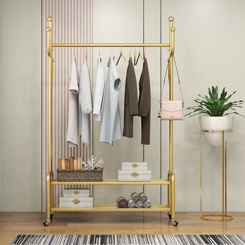 Elegant Metal Clothes Hanger Free Standing Double Storage Shelving Coat Rack with Castors