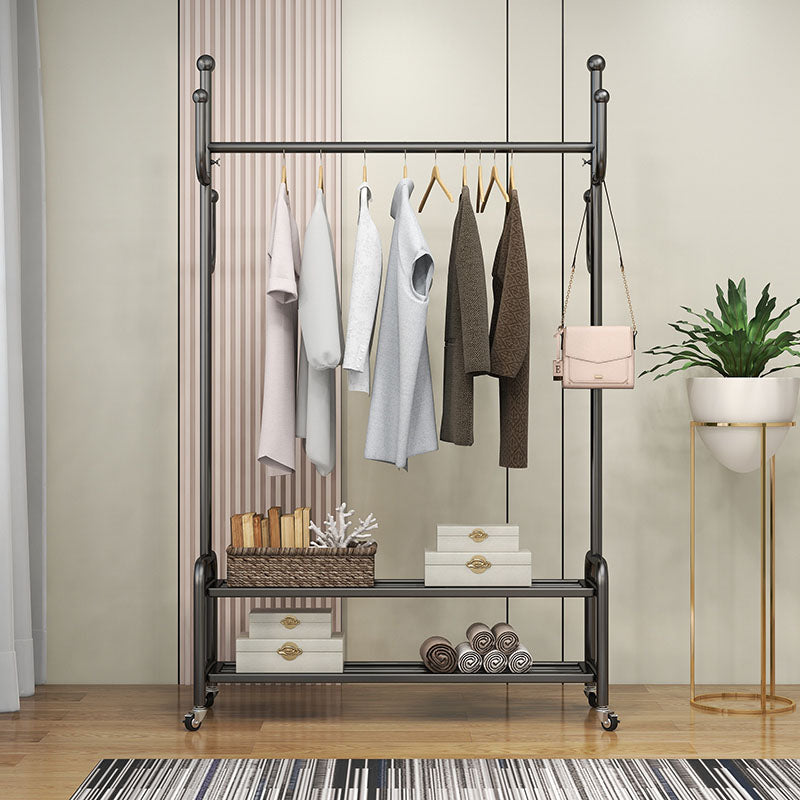 Elegant Metal Clothes Hanger Free Standing Double Storage Shelving Coat Rack with Castors