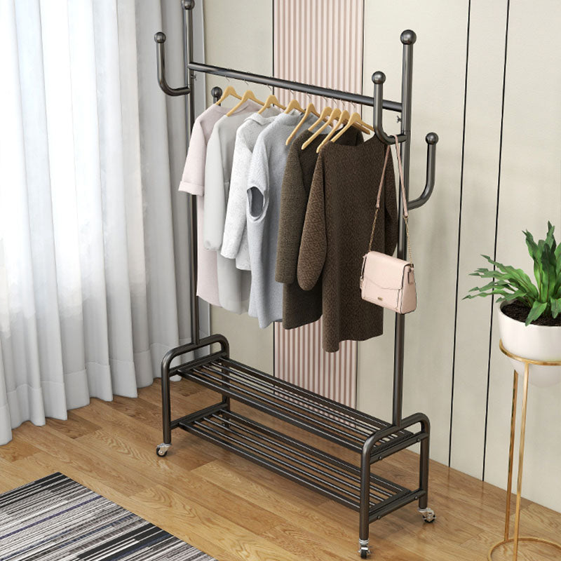 Elegant Metal Clothes Hanger Free Standing Double Storage Shelving Coat Rack with Castors