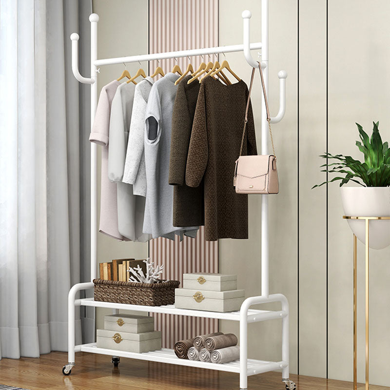 Elegant Metal Clothes Hanger Free Standing Double Storage Shelving Coat Rack with Castors