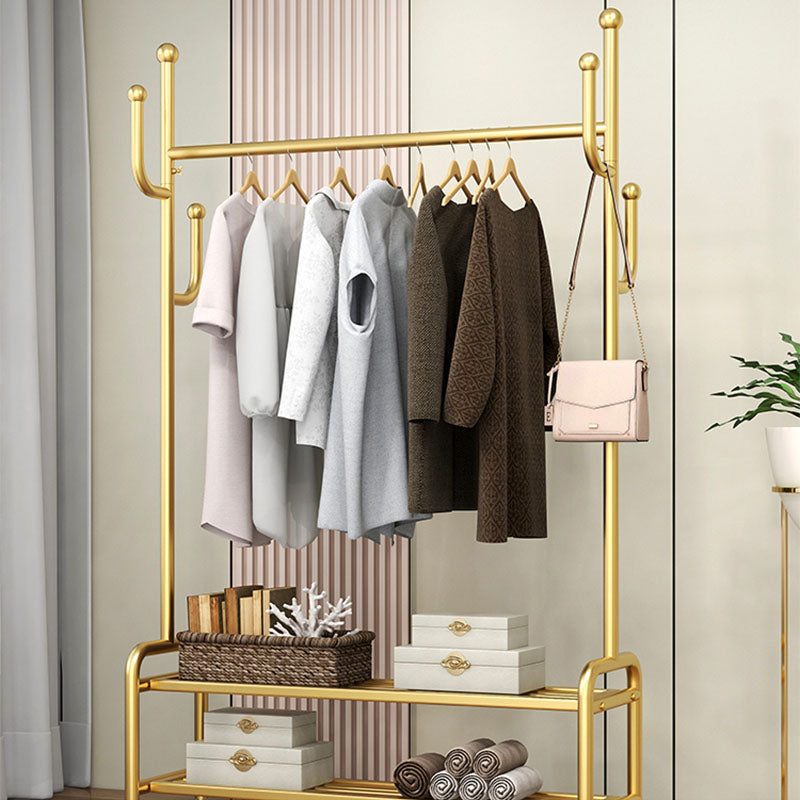 Elegant Metal Clothes Hanger Free Standing Double Storage Shelving Coat Rack with Castors