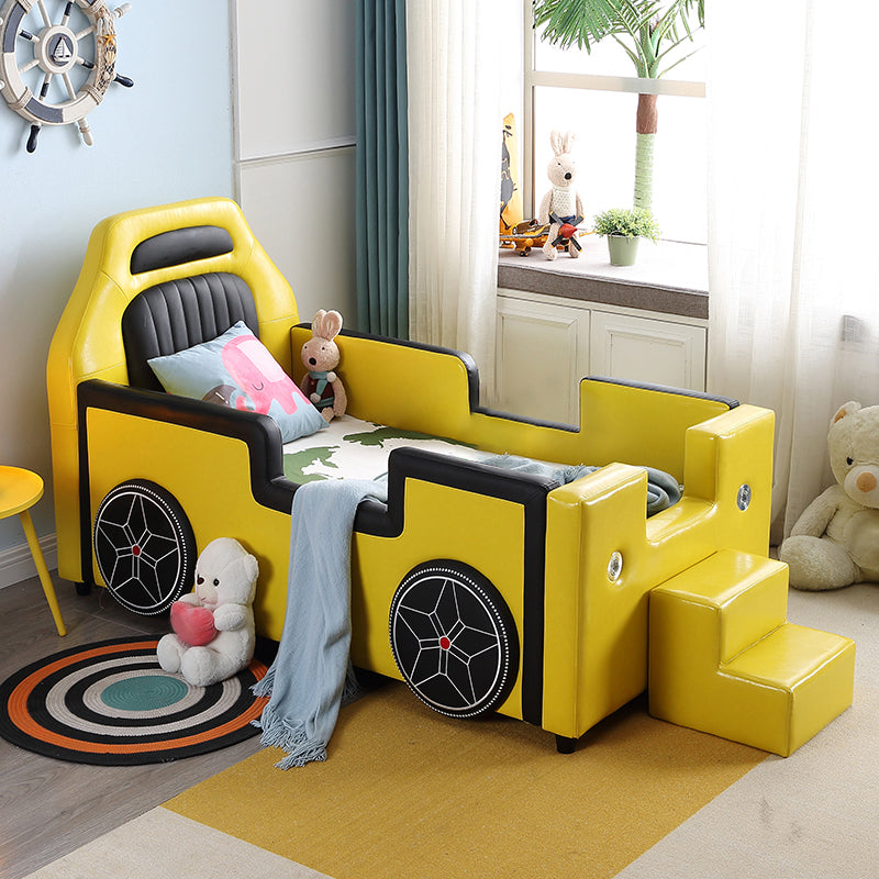 Modern Yellow Go-Kart Bed Upholstered Mattress Included Kids Bed with Guardrail & Stairway