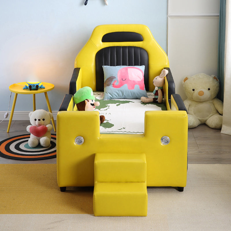 Modern Yellow Go-Kart Bed Upholstered Mattress Included Kids Bed with Guardrail & Stairway