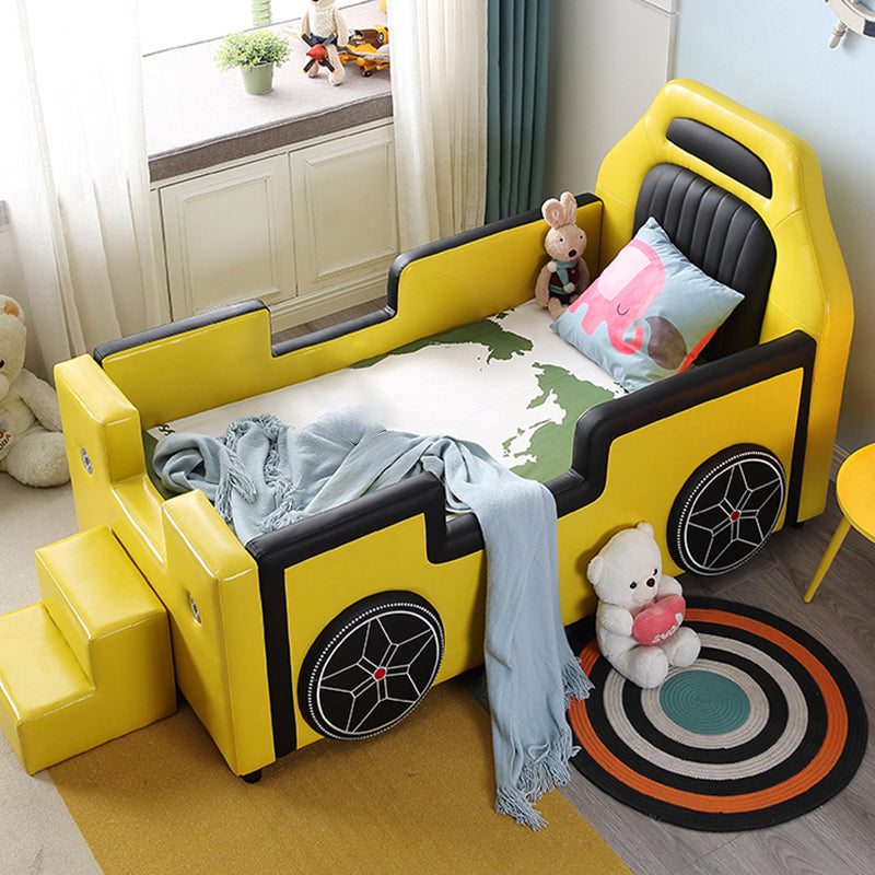 Modern Yellow Go-Kart Bed Upholstered Mattress Included Kids Bed with Guardrail & Stairway