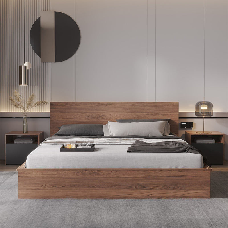 Brown Wood Platform Bed Frame with Headboard Panel Bed Lift Up Storage