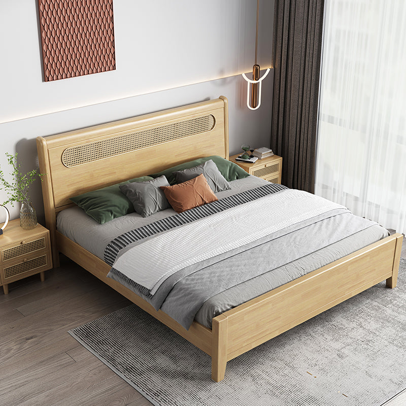 Rectangular Beige Panel Bed Rubberwood and Rattan Bed Frame with Headboard