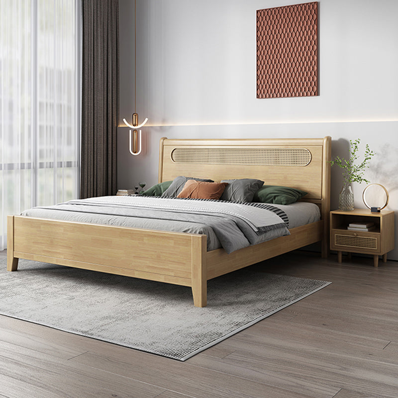 Rectangular Beige Panel Bed Rubberwood and Rattan Bed Frame with Headboard