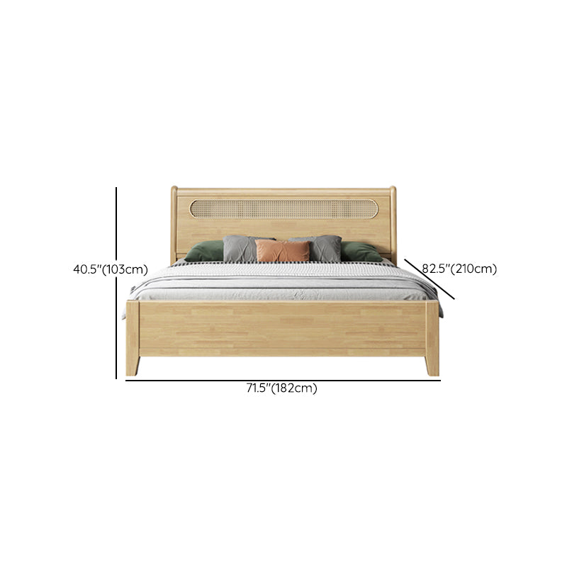 Rectangular Beige Panel Bed Rubberwood and Rattan Bed Frame with Headboard