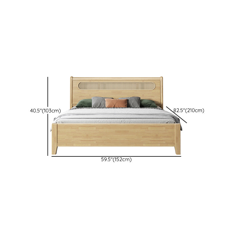 Rectangular Beige Panel Bed Rubberwood and Rattan Bed Frame with Headboard