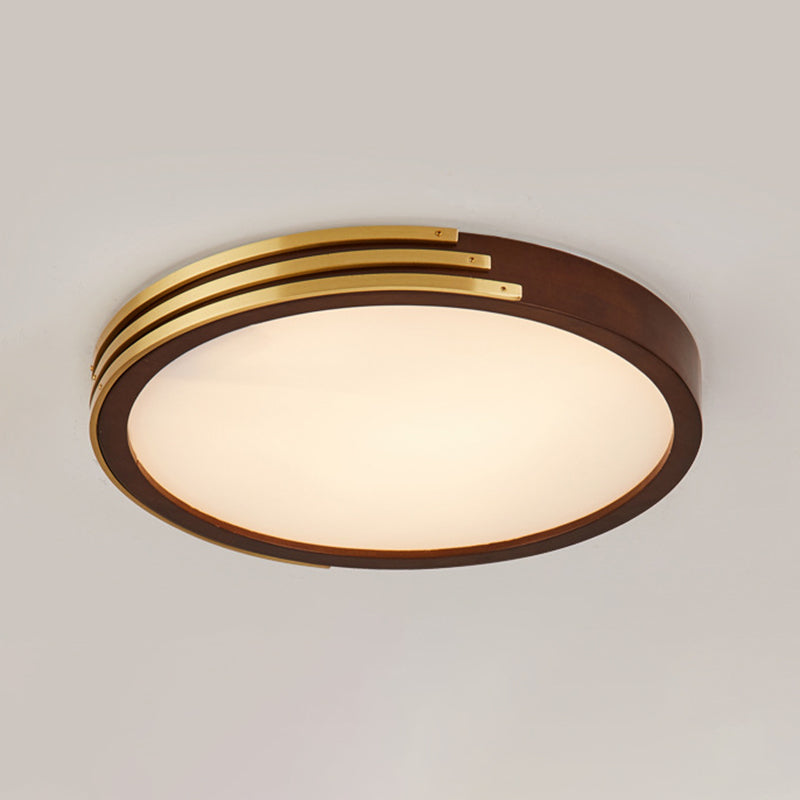 1-Light Round Flush Mount Modern Wood Flush Light in Brown for Bedroom