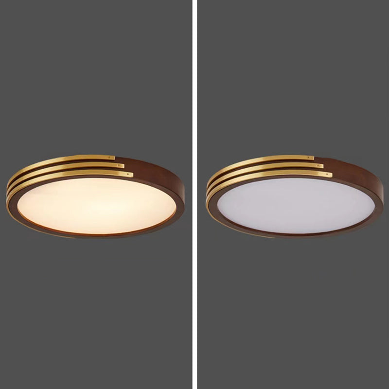 1-Light Round Flush Mount Modern Wood Flush Light in Brown for Bedroom