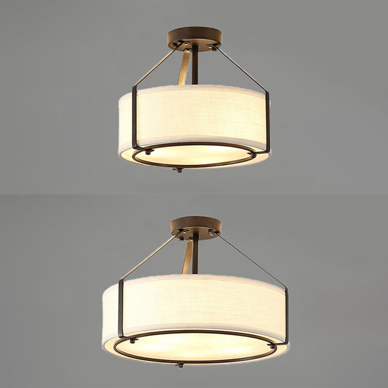 Fabric Drum Semi Flush Mount Light Simplicity Semi Flush Ceiling Light in Beige