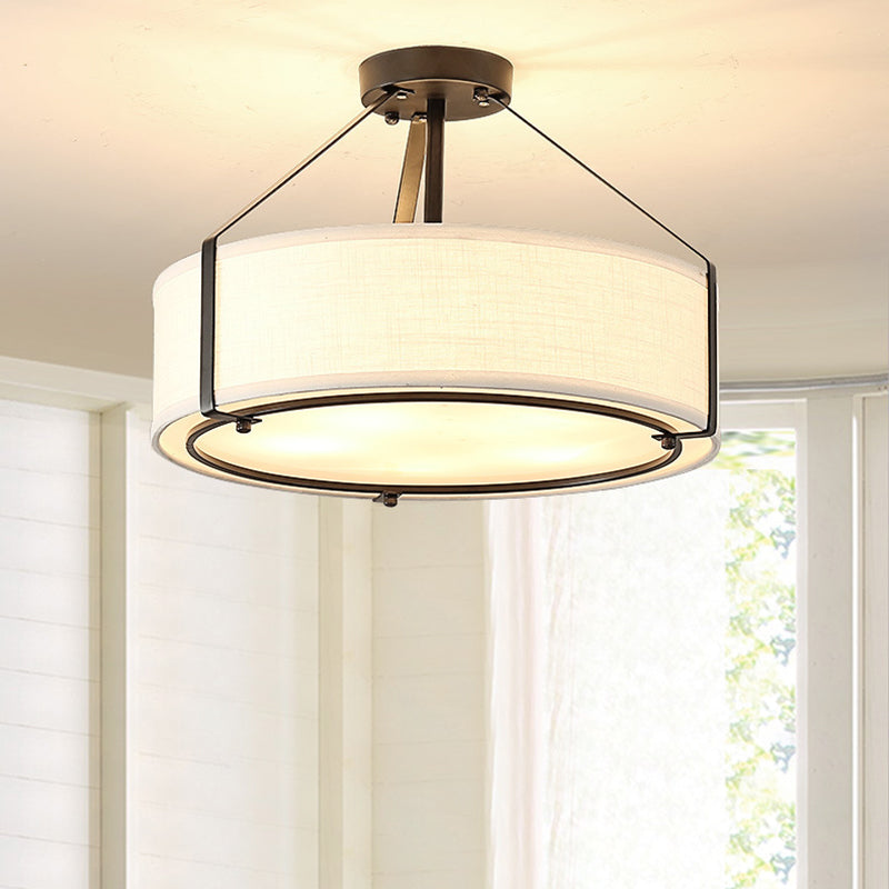 Fabric Drum Semi Flush Mount Light Simplicity Semi Flush Ceiling Light in Beige