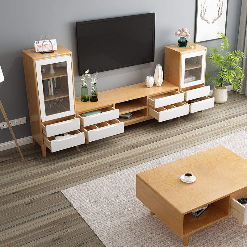 Modern Rubber Wood TV Stand Console Open Storage TV Media Stand for Living Room