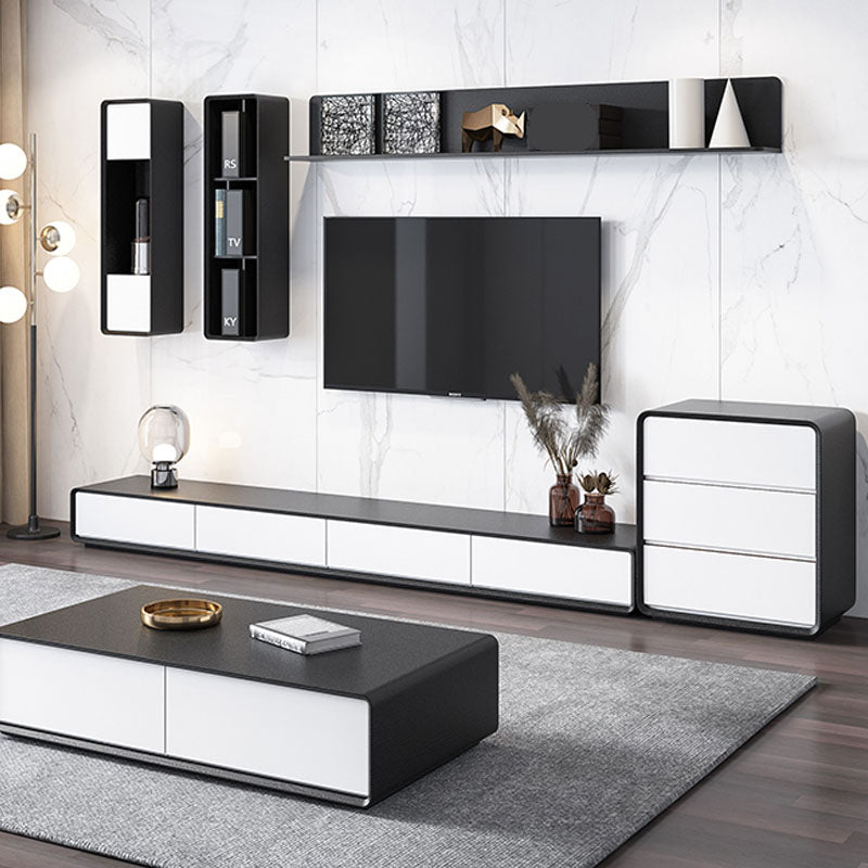 Contemporary 4-Drawer TV Console, Scandinavian TV Stand in White/ Black