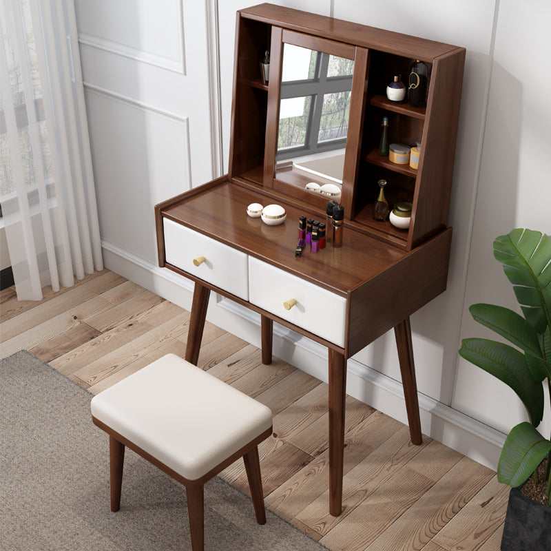 Modern 2-Drawers Solid Wood Dressing Table Mirror Makeup Table