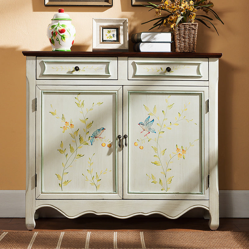 2 - Drawer Distressed Wood Cabinet 40.9" W Hand Painted Door Storage Cabinet