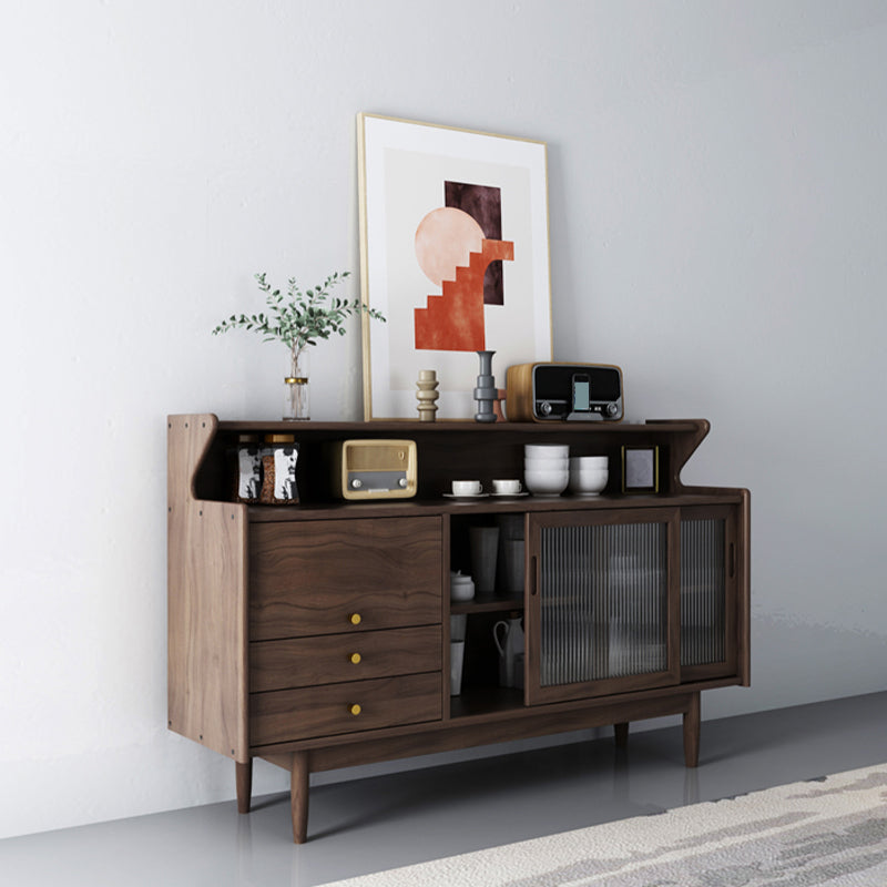 Modern 2 Drawers Side Board Antique Finish Pine Solid Wood Credenza with Glass Door