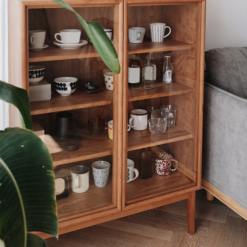 Modern 2 Door Dining Server 43.5"H Pine Solid Wood Sideboard with Glass Door