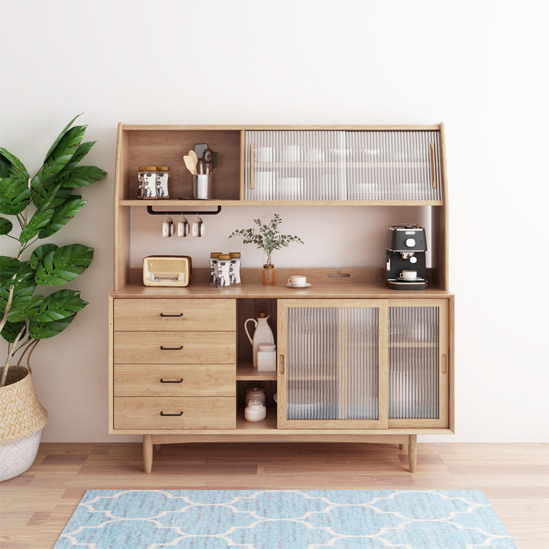 Modern 4-drawer Side Board Pine Solid Wood Buffet Table with Glass Door