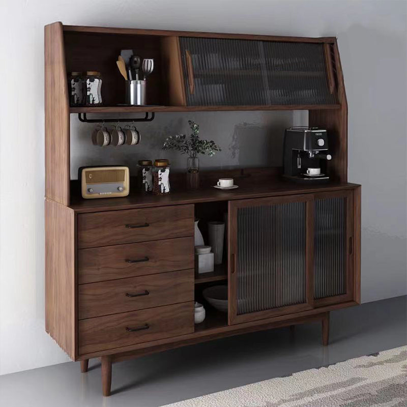 Modern 4-drawer Side Board Pine Solid Wood Buffet Table with Glass Door