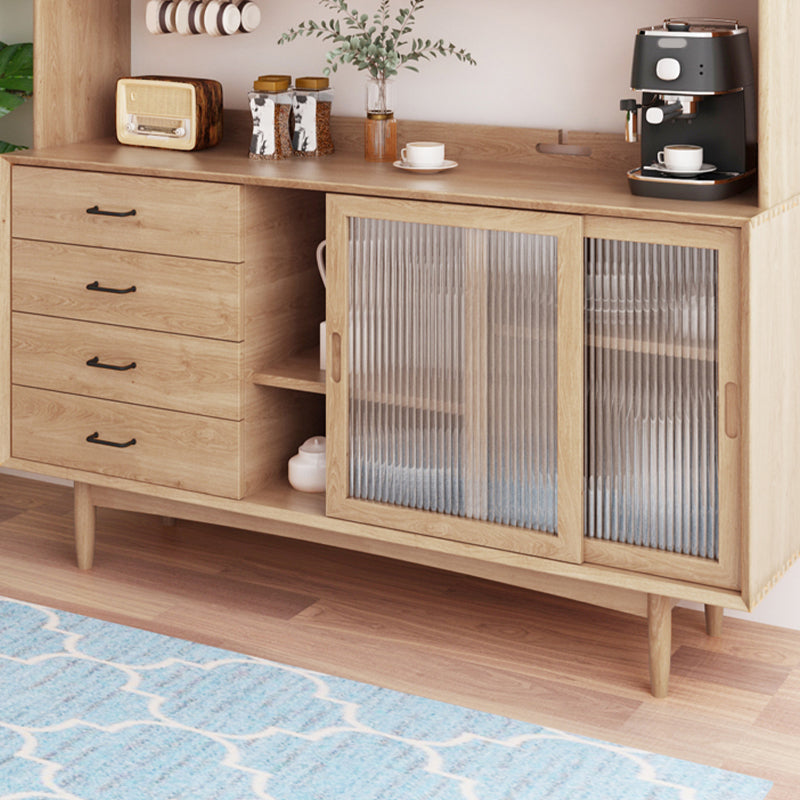 Modern 4-drawer Side Board Pine Solid Wood Buffet Table with Glass Door