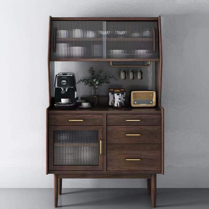 Pine Solid Wood Sideboard Cabinet Adjustable Shelving 4-drawer Server with Glass Door