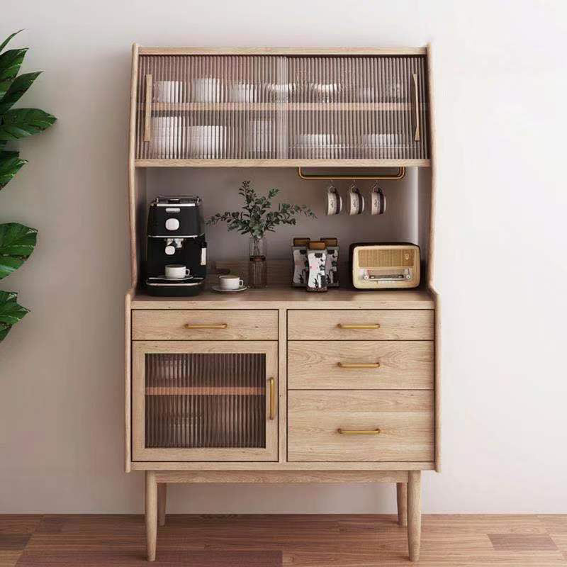 Pine Solid Wood Sideboard Cabinet Adjustable Shelving 4-drawer Server with Glass Door