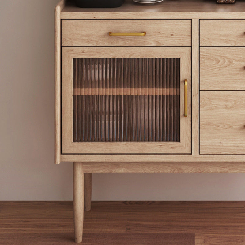 Pine Solid Wood Sideboard Cabinet Adjustable Shelving 4-drawer Server with Glass Door