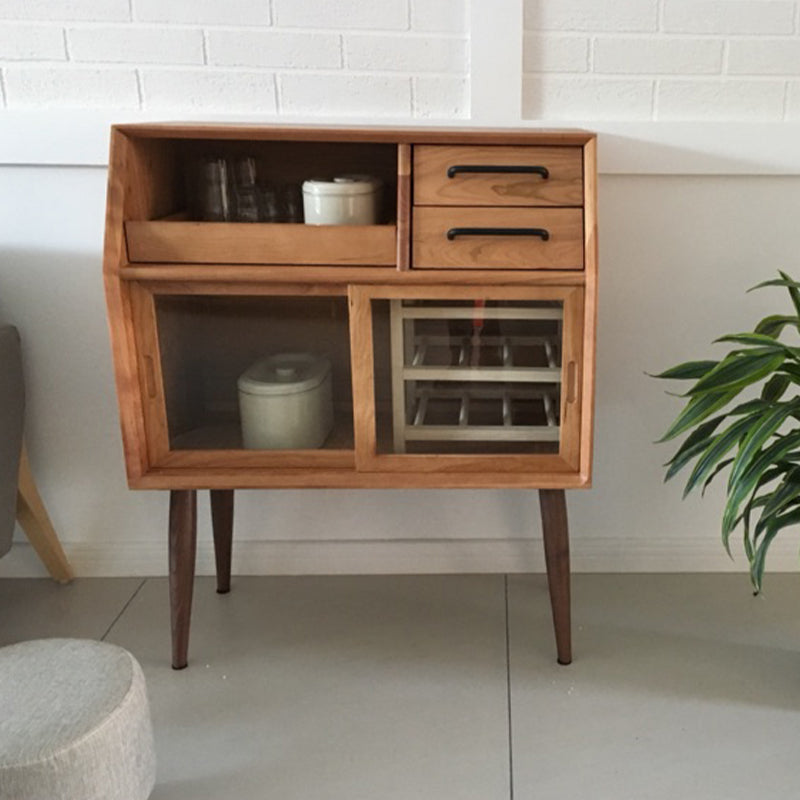 Sliding Door Dining Server Antique Finish Pine Solid Wood Credenza with Glass Door