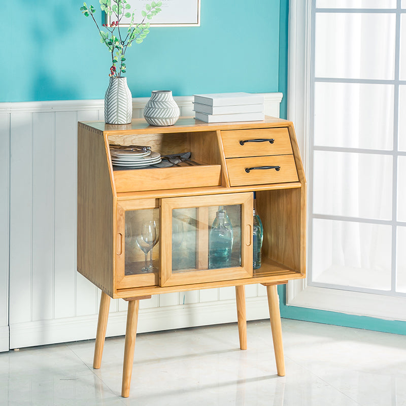 Sliding Door Dining Server Antique Finish Pine Solid Wood Credenza with Glass Door