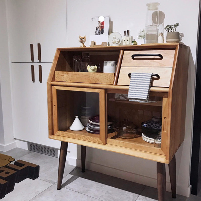 Sliding Door Dining Server Antique Finish Pine Solid Wood Credenza with Glass Door