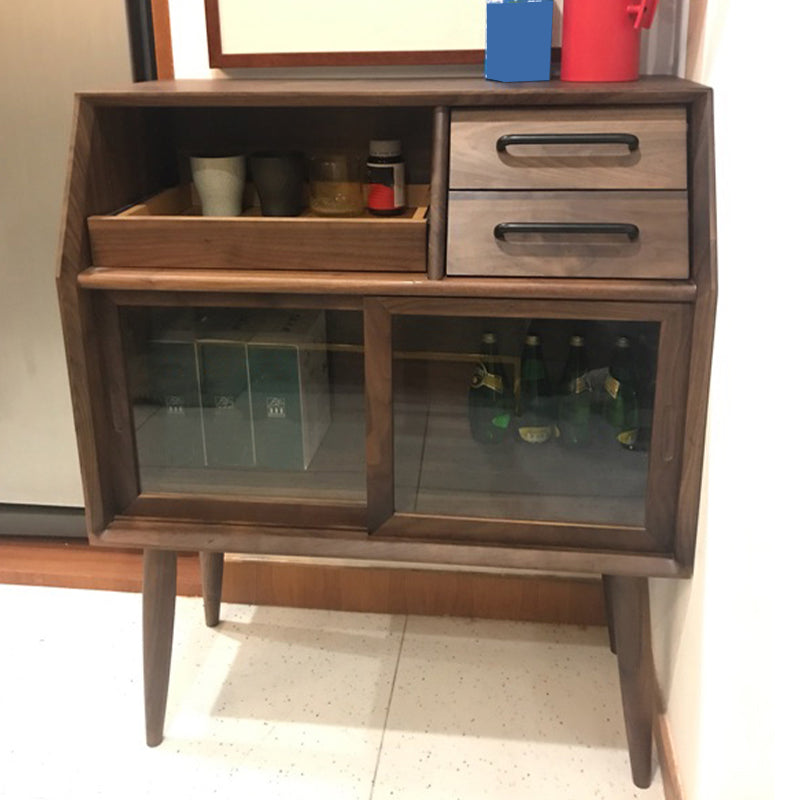 Sliding Door Dining Server Antique Finish Pine Solid Wood Credenza with Glass Door