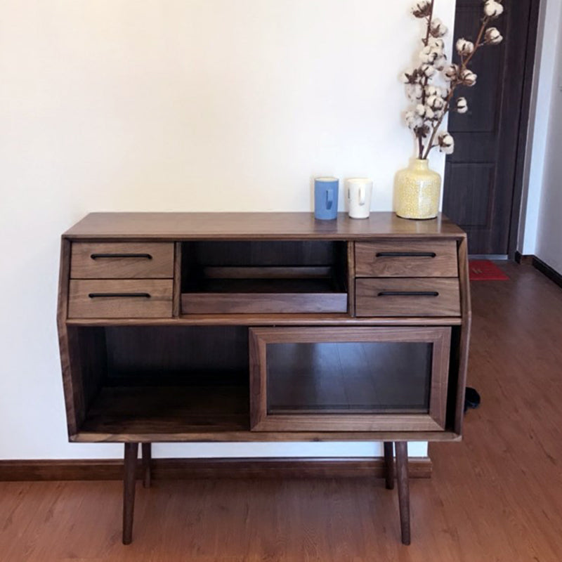 Sliding Door Dining Server Antique Finish Pine Solid Wood Credenza with Glass Door