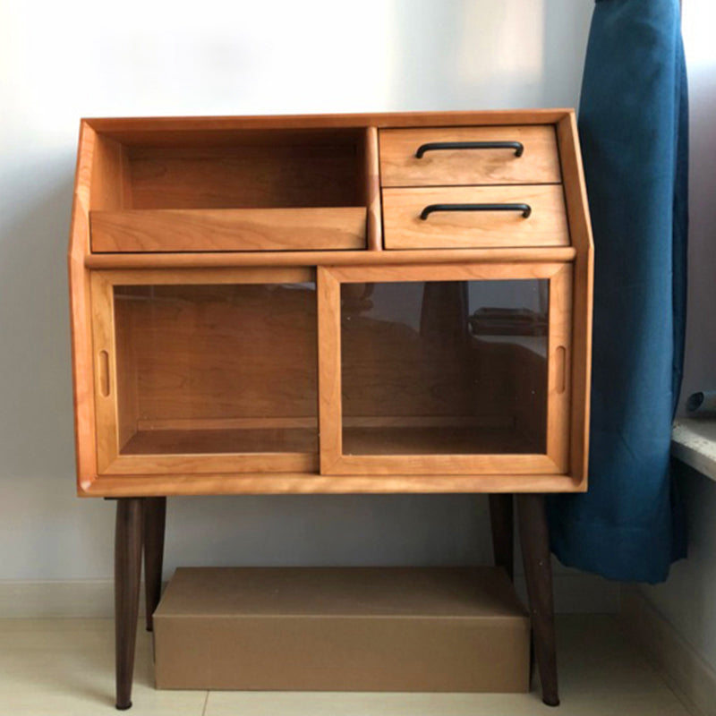 Sliding Door Dining Server Antique Finish Pine Solid Wood Credenza with Glass Door