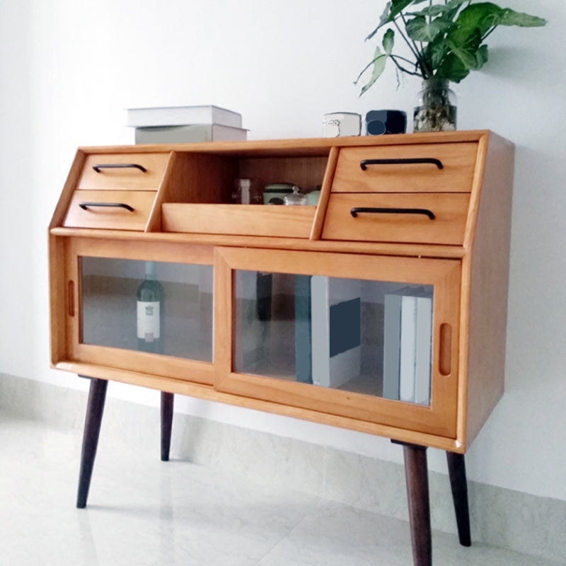 Sliding Door Dining Server Antique Finish Pine Solid Wood Credenza with Glass Door