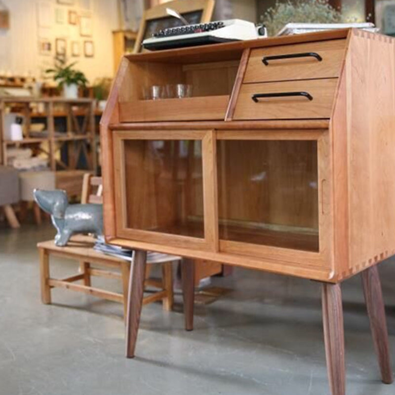 Sliding Door Dining Server Antique Finish Pine Solid Wood Credenza with Glass Door