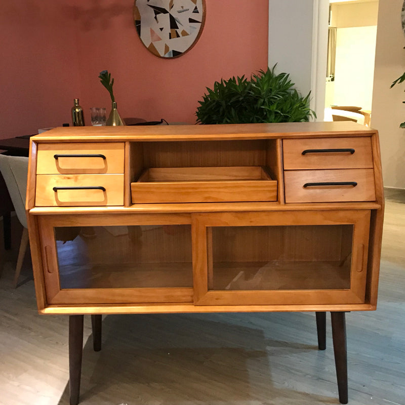 Sliding Door Dining Server Antique Finish Pine Solid Wood Credenza with Glass Door