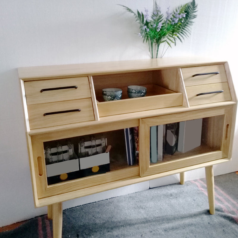 Sliding Door Dining Server Antique Finish Pine Solid Wood Credenza with Glass Door