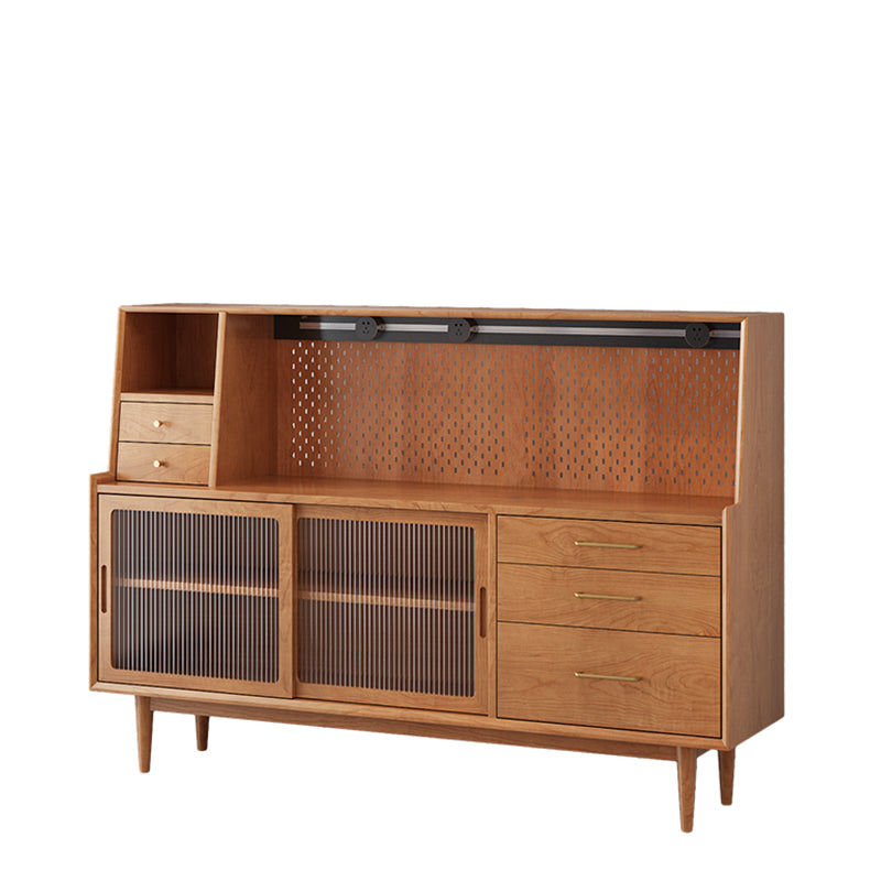 Modern 5 Drawers Buffet Stand Pine Solid Wood Sideboard Table with Glass Door