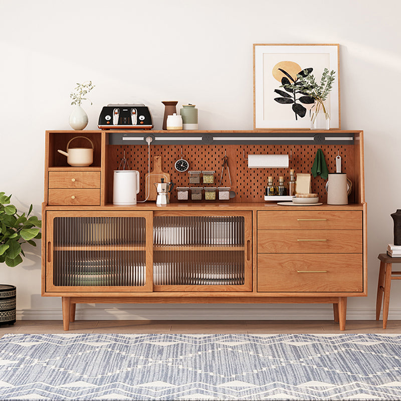 Modern 5 Drawers Buffet Stand Pine Solid Wood Sideboard Table with Glass Door