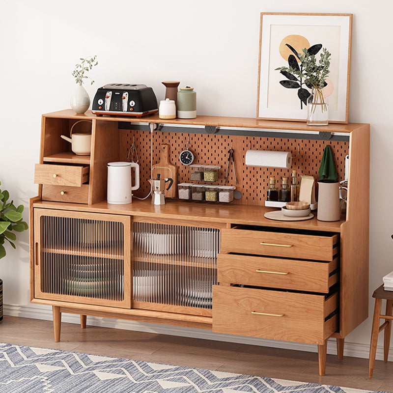 Modern 5 Drawers Buffet Stand Pine Solid Wood Sideboard Table with Glass Door