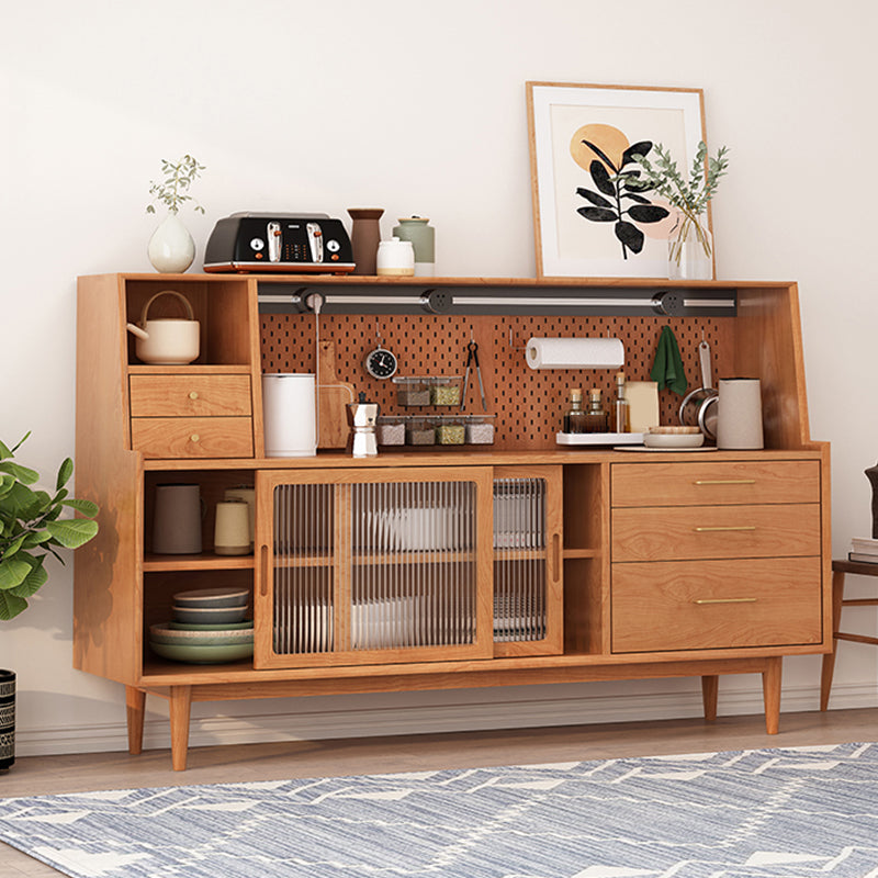 Modern 5 Drawers Buffet Stand Pine Solid Wood Sideboard Table with Glass Door