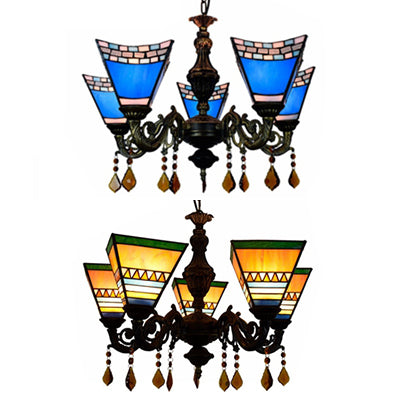 Geométrique Hanging Light Retro Style Treated Verre 5 Bulbes Chandelier avec pendentifs en cristal en jaune / bleu pour chambre à coucher