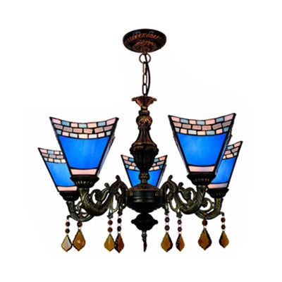 Geométrique Hanging Light Retro Style Treated Verre 5 Bulbes Chandelier avec pendentifs en cristal en jaune / bleu pour chambre à coucher