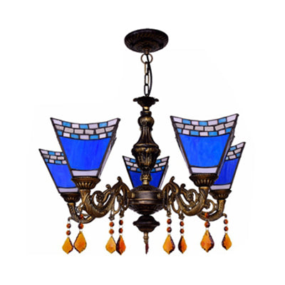 Geométrique Hanging Light Retro Style Treated Verre 5 Bulbes Chandelier avec pendentifs en cristal en jaune / bleu pour chambre à coucher