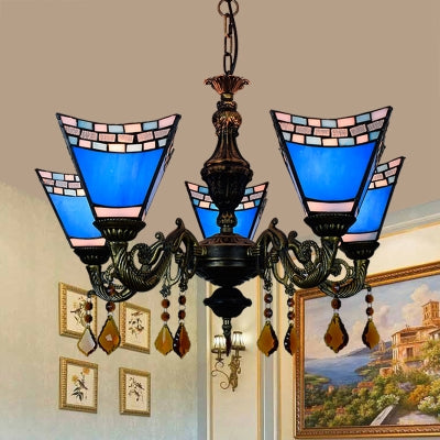 Geométrique Hanging Light Retro Style Treated Verre 5 Bulbes Chandelier avec pendentifs en cristal en jaune / bleu pour chambre à coucher